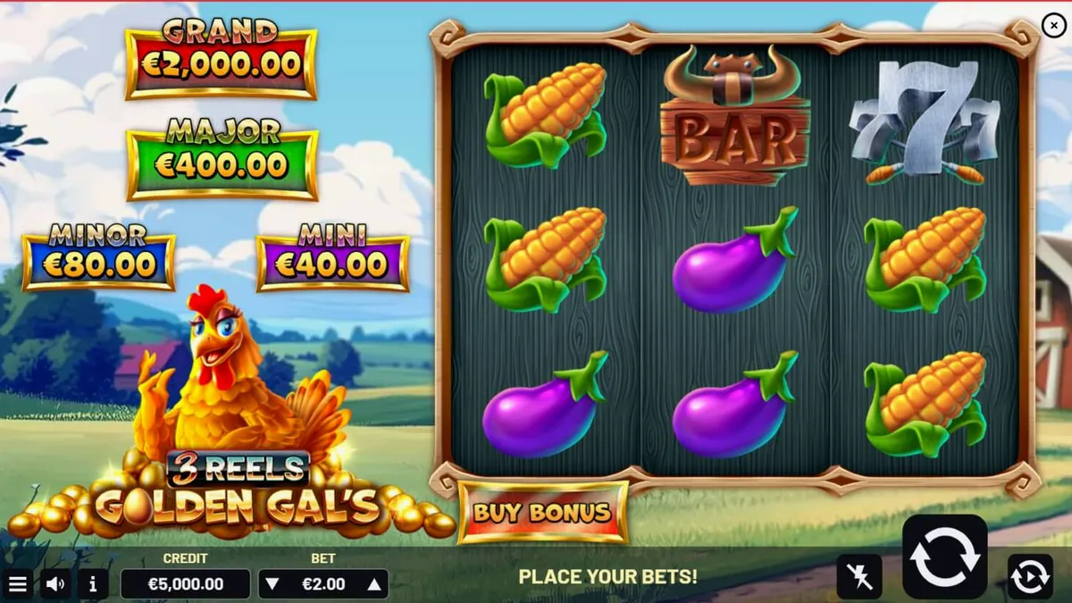 Tampilan visual ceria dari slot Golden Gal’s 3 Reels dengan karakter ayam Goldie.
