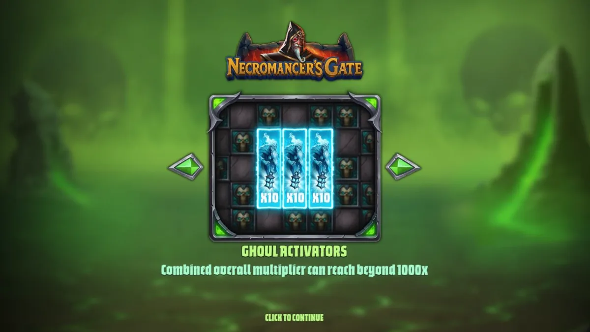 Tampilan visual slot Necromancer’s Gate dengan tema gothic dan tengkorak.
